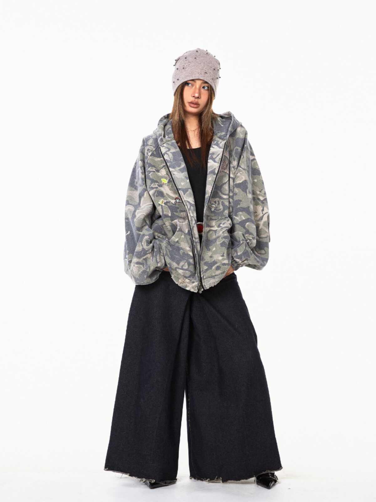 Retro Camouflage Stitching Hooded Jacket For Women
