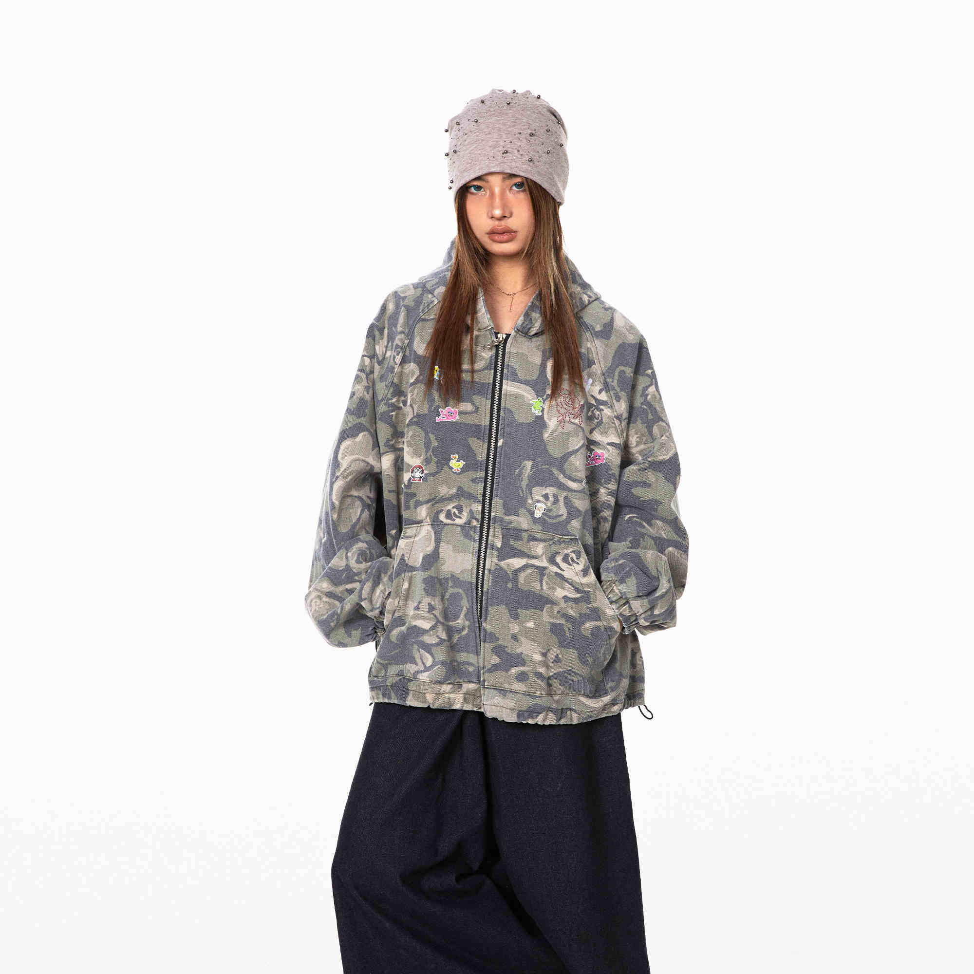 Retro Camouflage Stitching Hooded Jacket For Women