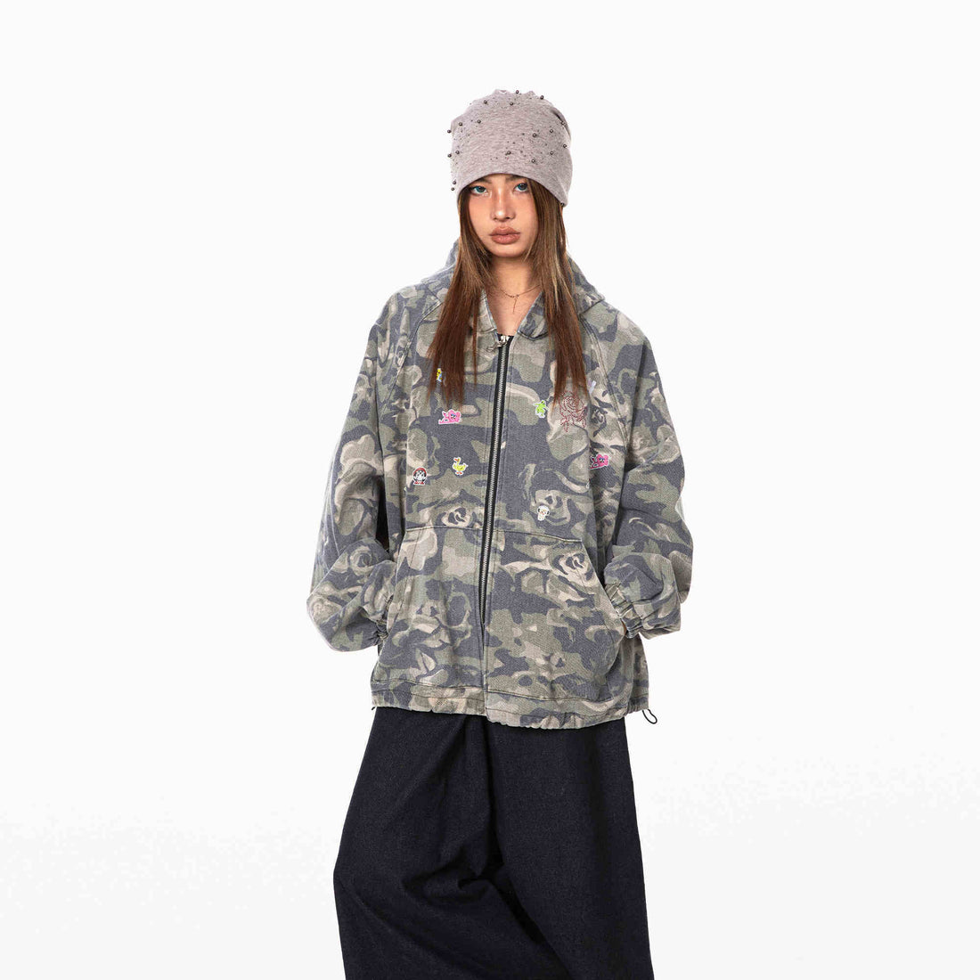 Retro Camouflage Stitching Hooded Jacket For Women