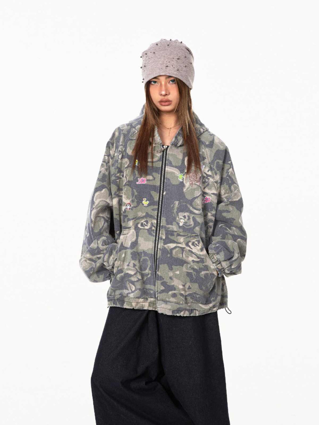 Retro Camouflage Stitching Hooded Jacket For Women