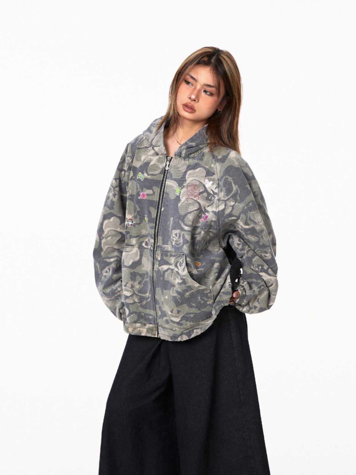 Retro Camouflage Stitching Hooded Jacket For Women